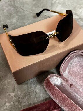 Miu Miu Rimless Square Sunglasses Brown Lens Gold Tone Logo Frame